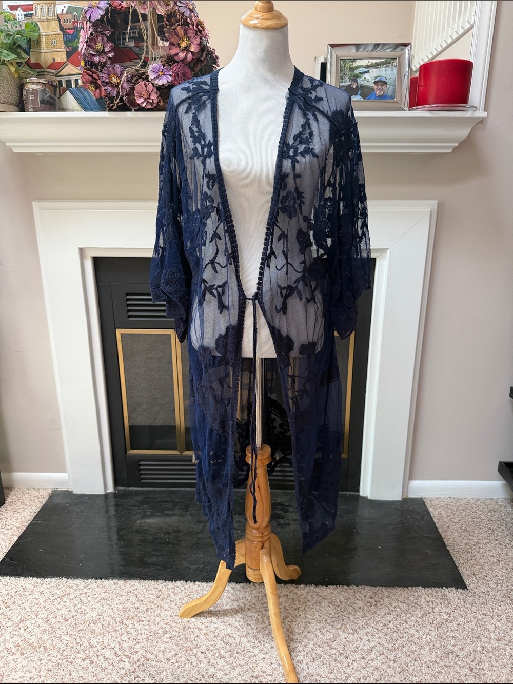 Navy Floral Embroidered Sheer Kimono